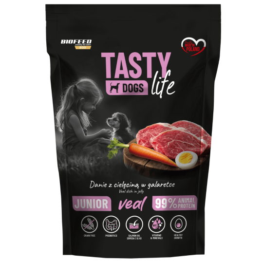 Mokra karma dla szczeniąt Tasty Dogs Life CIELĘCINA 90% - danie w galaretce (saszetka) 500 g