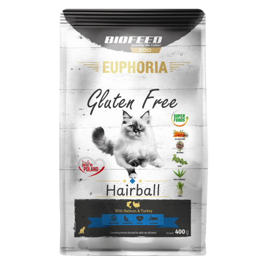 Karma dla kotów EUPHORIA Gluten Free Cat HAIRBALL Indyk & Łosoś