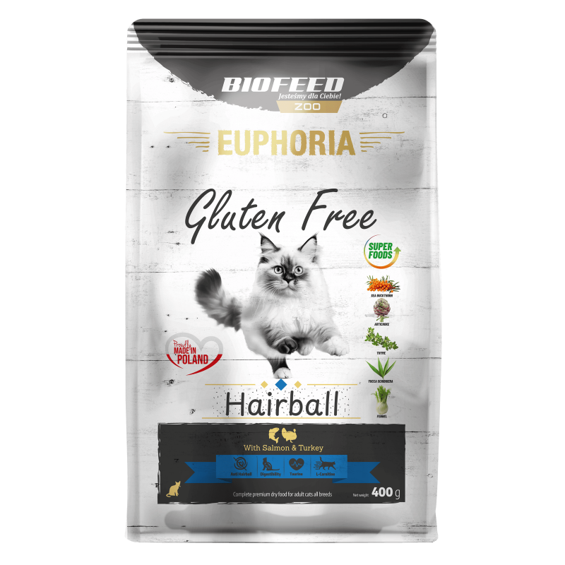 Karma dla kotów EUPHORIA Gluten Free Cat HAIRBALL Indyk & Łosoś